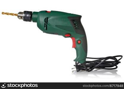 Electric drill with cord and attached metal bit