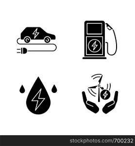 Electric energy glyph icons set. Alternative energetic resources. Eco car, water and wind energy, electric vehicle charging station. Silhouette symbols. Vector isolated illustration. Electric energy glyph icons set