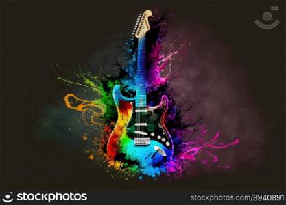 Electric guitar decorated with stylish creative colorful watercolor splash showing concept of beautiful music and lyrics creations and innovation. Peculiar AI generative image.. Electric guitar decorated with stylish creative colorful watercolor splash