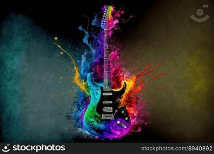 Electric guitar decorated with stylish creative colorful watercolor splash showing concept of beautiful music and lyrics creations and innovation. Peculiar AI generative image.. Electric guitar decorated with stylish creative colorful watercolor splash