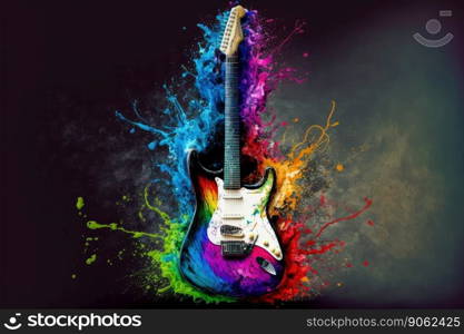 Electric guitar decorated with stylish creative colorful watercolor splash showing concept of beautiful music and lyrics creations and innovation. Peculiar AI generative image.. Electric guitar decorated with stylish creative colorful watercolor splash