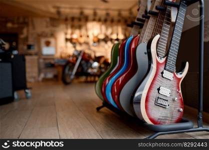 Electric guitar display at studio shop offering big assortment of string instrument for musical band performance. Electric guitar display at studio shop with big assortment of string instrument