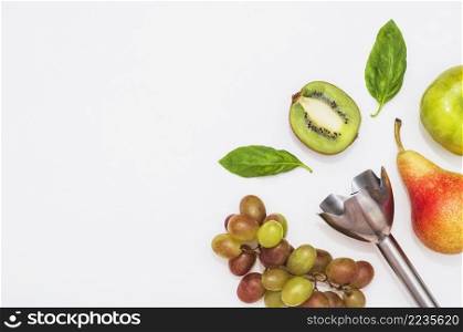electric hand blender with kiwi apple pear grapes basil leaves white background