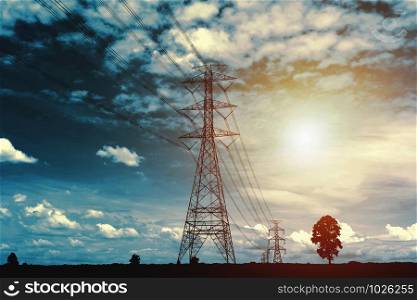 electric hightvoltage with sunset. concept power energy