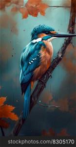 Electric Kingfisher Bird on Autumn Forest Background. Generative AI. High quality illustration. Electric Kingfisher Bird on Autumn Forest Background. Generative AI