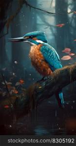 Electric Kingfisher Bird on Autumn Forest Background. Generative AI. High quality illustration. Electric Kingfisher Bird on Autumn Forest Background. Generative AI