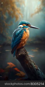 Electric Kingfisher Bird on Autumn Forest Background. Generative AI. High quality illustration. Electric Kingfisher Bird on Autumn Forest Background. Generative AI