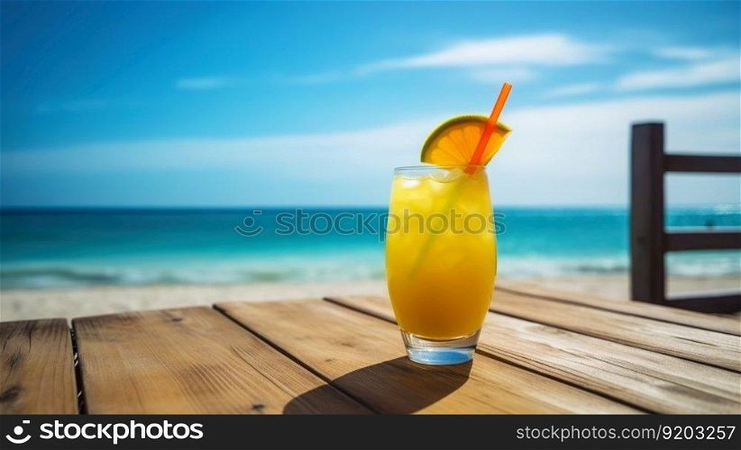 Electric Lemonade cocktail on background with blue sea and sky tropical background. Generative AI.. Electric Lemonade cocktail on background with blue sea and sky tropical background. Generative AI