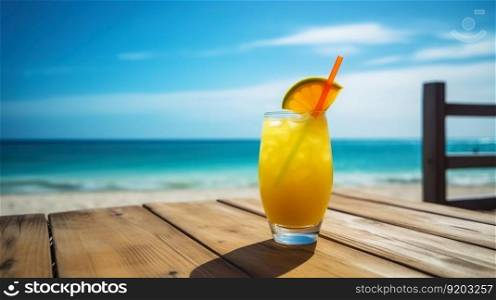 Electric Lemonade cocktail on background with blue sea and sky tropical background. Generative AI.. Electric Lemonade cocktail on background with blue sea and sky tropical background. Generative AI
