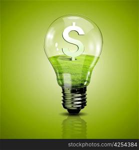 Electric light bulb and currency symbol inside it as symbol of green energy