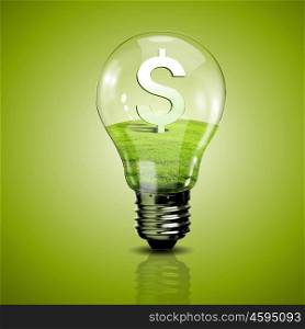 Electric light bulb and currency symbol inside it as symbol of green energy