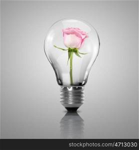 Electric light bulb and flower inside it as symbol of green energy