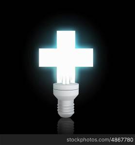 Electric light bulb. Cross light bulb glowing icon on dark background