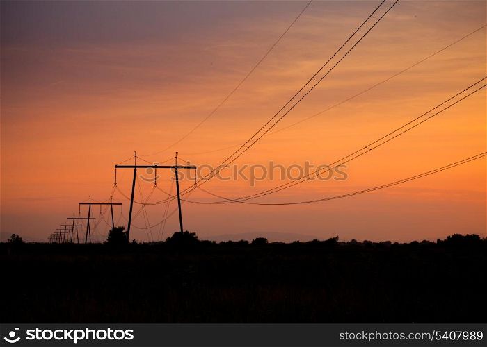 Electric line in fields on sunset