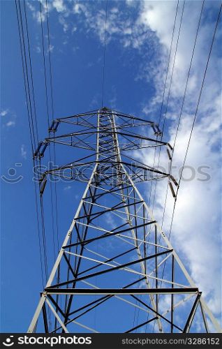 electric mast pole tower pilot on blue cloud sky cables