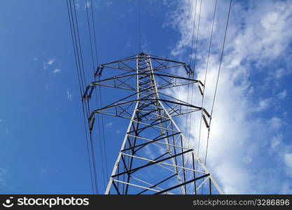 electric mast pole tower pilot on blue cloud sky cables