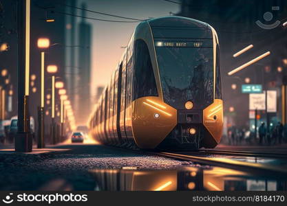 Electric metro subway passenger in modern futuristic city , Railway station subway Train drives at high speed urban landscape , Generate Ai