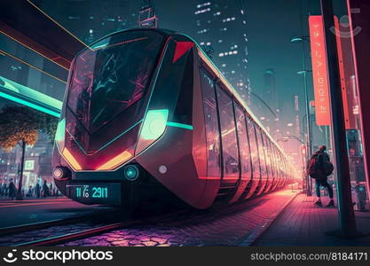 Electric metro subway passenger in modern futuristic city , Railway station subway Train drives at high speed urban landscape , Generate Ai