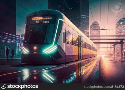 Electric metro subway passenger in modern futuristic city , Railway station subway Train drives at high speed urban landscape , Generate Ai