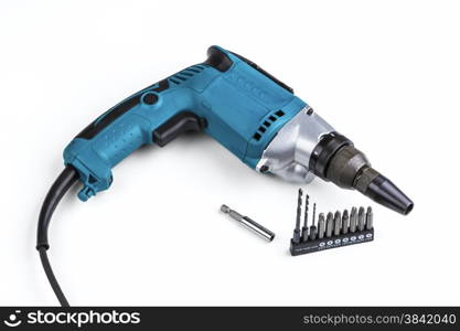 electric screw-driver with the holder and nut tips isolated on a white background