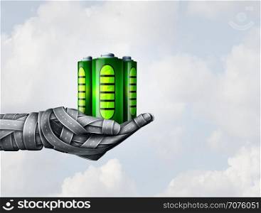 Electric transportation and battery fuel symbol as a group of road objects shaped as a human hand holding rechargeable and renewable energy cell as a metaphor for future transport sustainability as a 3D illustration.