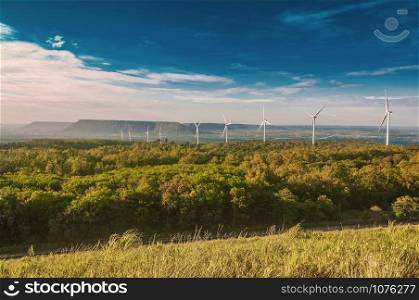Electric wind turbine view with blue sky above the dam. Khao Yai Tieng, Nakhon Ratchasima provinces, Thailand