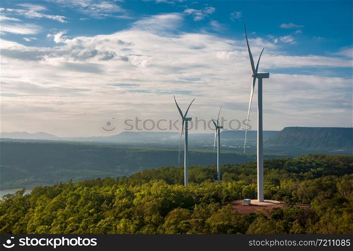 Electric wind turbine view with blue sky above the dam. Khao Yai Tieng, Nakhon Ratchasima provinces, Thailand