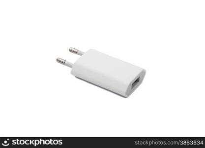 Electrical adapter to USB port on white background