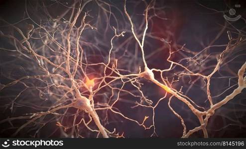 Electrical impulses between neuronal connections 3d illustration. Neuron signals in the brain