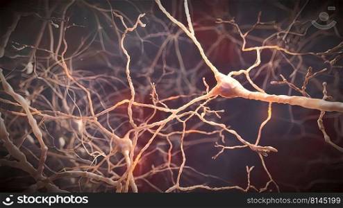 Electrical impulses between neuronal connections 3d illustration. Neuron signals in the brain