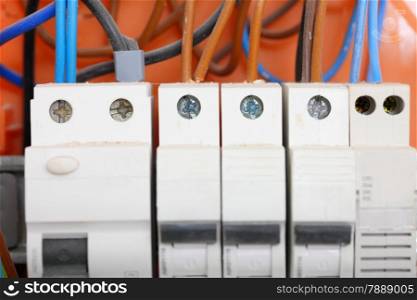 Electrical installation. Close up electrical panel electricity distribution box with wires fuses and contactors