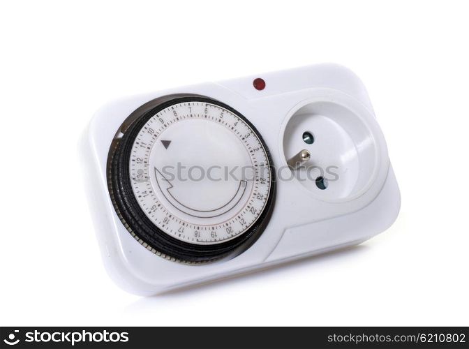 Electrical socket timer in front of white background
