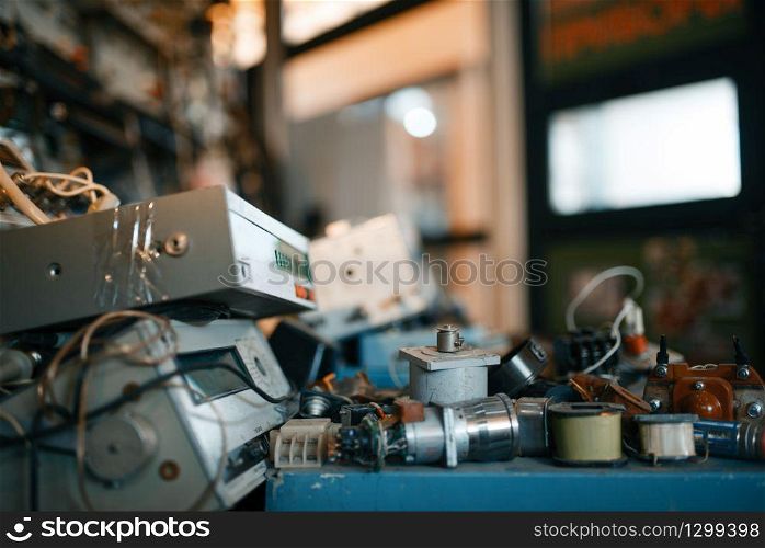 Electrical testing tools in laboratory closeup, nobody. Lab equipment, electronic measurement devices, engineering workshop