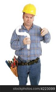 Electrician confused by plumbing job. Isolated on white.