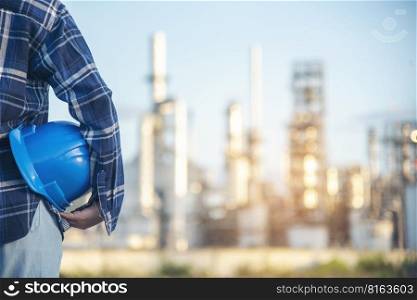 Electrician engineer woman hand holding Blue hard hat. Technical operator  worker hardhat blue work helmet Engineering. Electrician woman worker oil petro industry safety at work blue worker helmet.