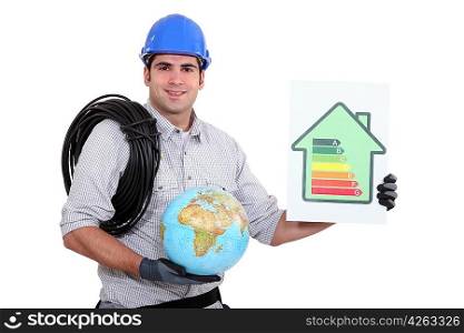 Electrician holding a globe and an energy efficiency rating sign