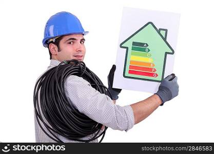 electrician holding an energy consumption label