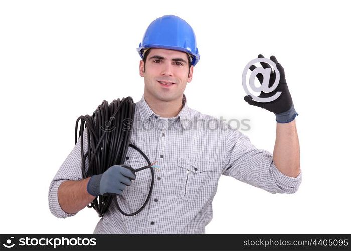 Electrician holding at sign
