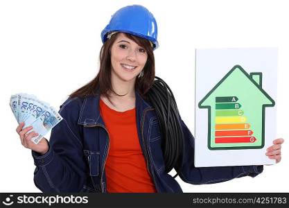 Electrician holding cash and an energy rating sign