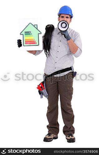 Electrician holding energy efficiency sign and megaphone