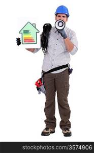 Electrician holding energy efficiency sign and megaphone