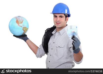 Electrician holding globe and cash