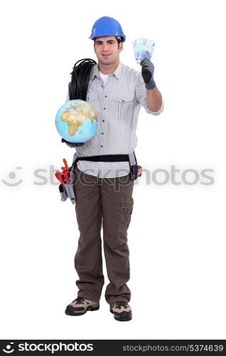 Electrician holding globe and cash