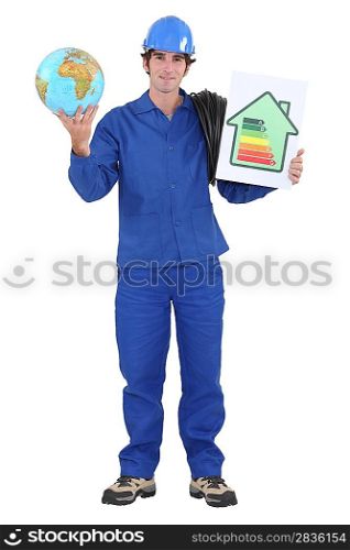 electrician holding globe and extension cord