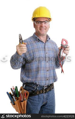 Electrician in safety goggles & hardhat holding up his wirestrippers and voltage meter. Authentic and accurate content depiction - model is actual master electrician.