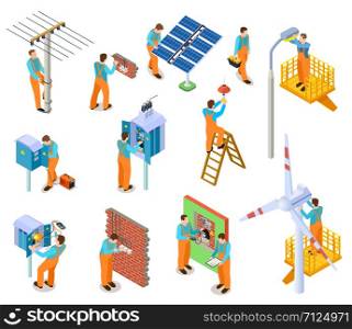 Electrician isometric set. Workers doing safety electric works. Electrical maintenance man repairing power lines vector 3d characters. Illustration of electrician worker man, professional work service. Electrician isometric set. Workers doing safety electric works. Electrical maintenance man repairing power lines vector 3d characters