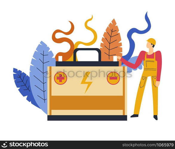 Electrician service person standing by big battery with minus and plus signs vector male specialist dealing with energetic problems and power accumulation foliage and leaves decoration agency.. Electrician service person standing by battery with minus plus signs