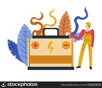 Electrician service person standing by big battery with minus and plus signs vector male specialist dealing with energetic problems and power accumulation foliage and leaves decoration agency.. Electrician service person standing by battery with minus plus signs