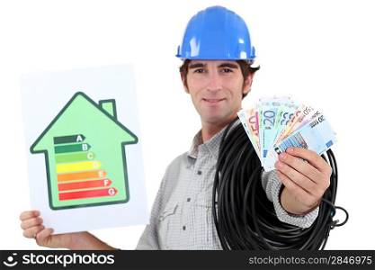 electrician showing banknotes