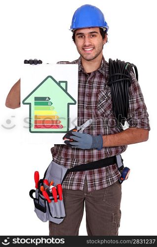 Electrician showing energy rating sign